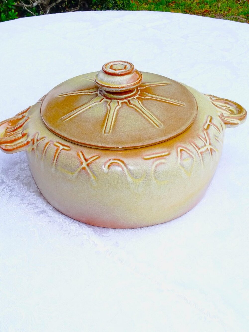 Frankoma Desert Butterscotch 94V Covered Casserole Bean Pot Western Symbols